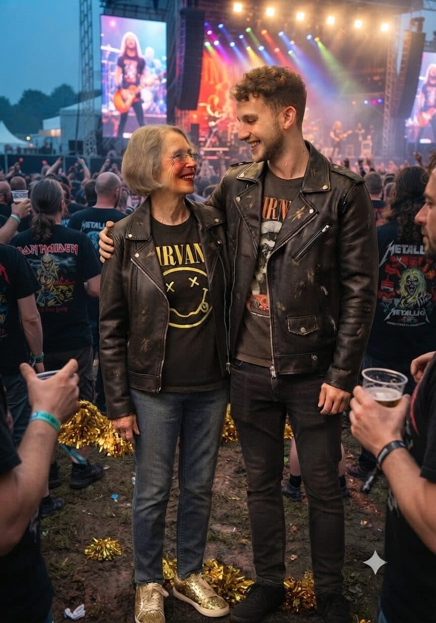 Zwei Menschen unterschiedlichen Alters stehen in Lederjacken lachend vor einer Festivalbuehne.